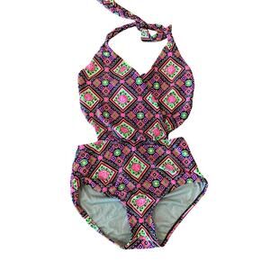 Betsey Johnson faux wrap cut out geo print Swimsuit one piece Multi Monokini S